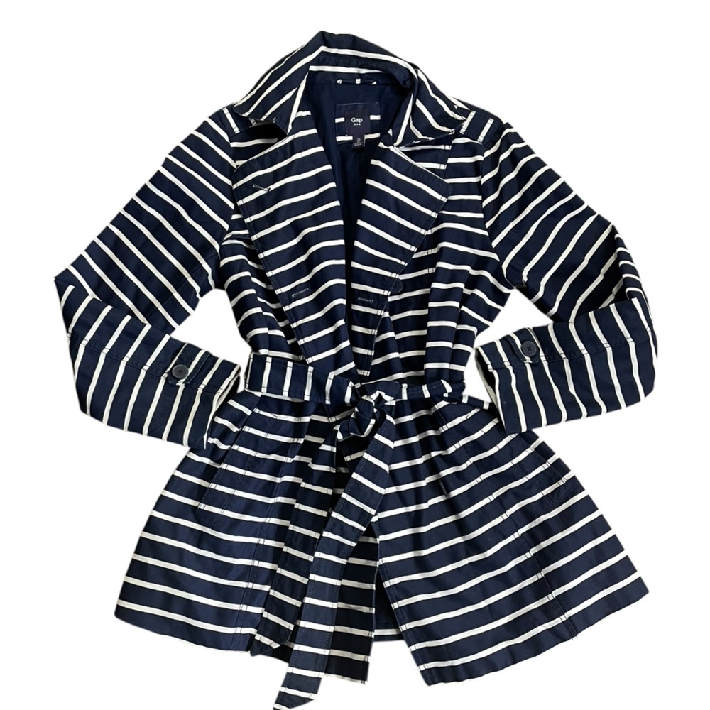 EUC Gap Navy Striped Women's Trench Jacket Coat Sz L